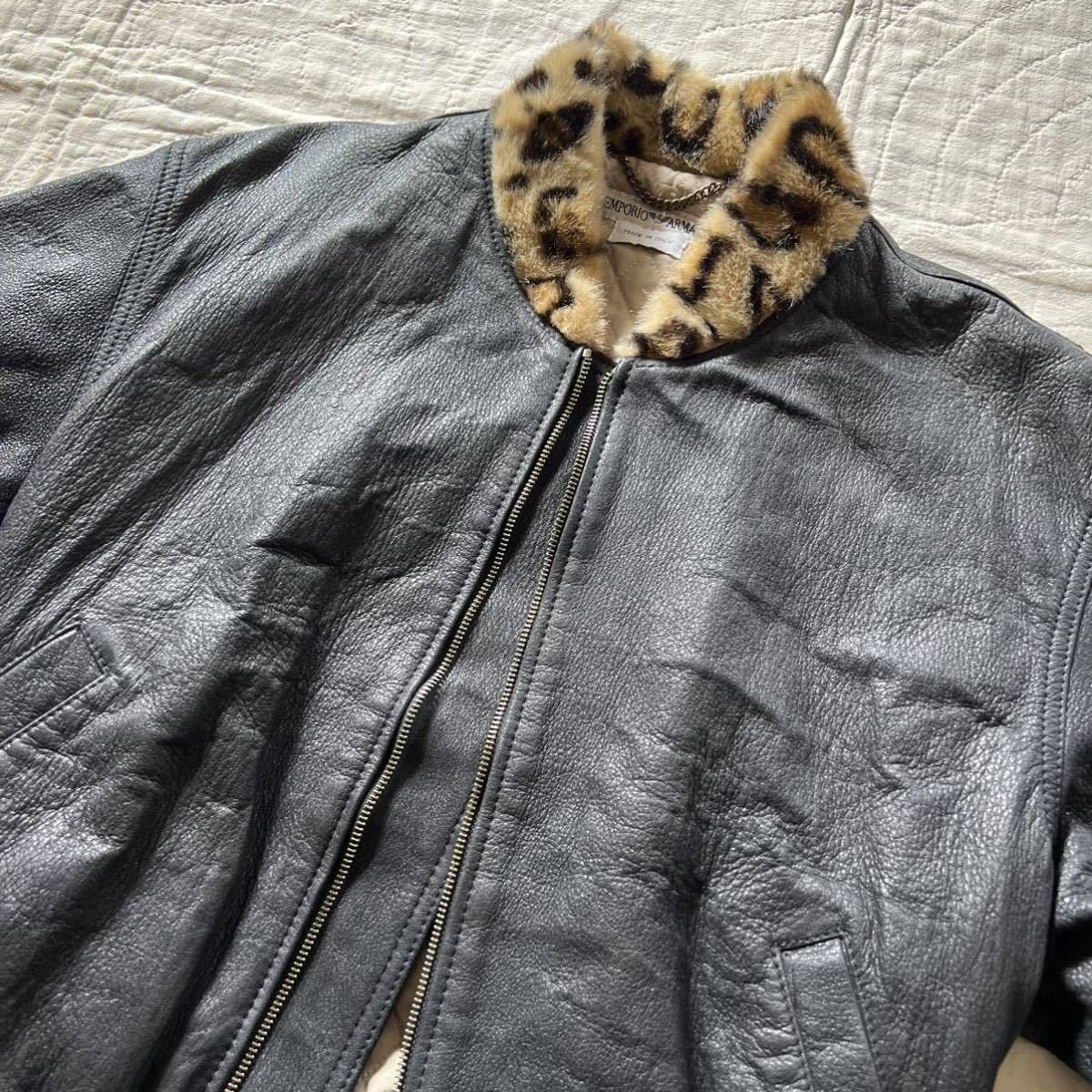 EMPORIO ARMANI 豹柄ファー切り替え レザージャケット エンポリオ 