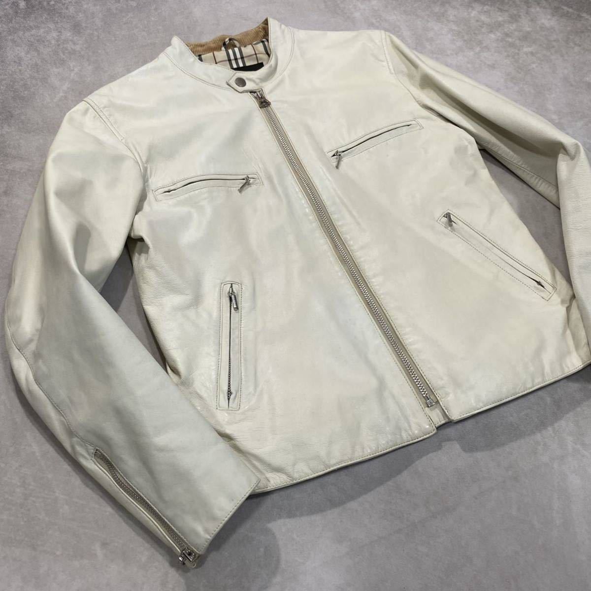 バーバリーブラックレーベル ノバチェック ライダースジャケット 羊革 アイボリー バーバリーブラックレーベル ノバチェック ライダースジャケット 羊革