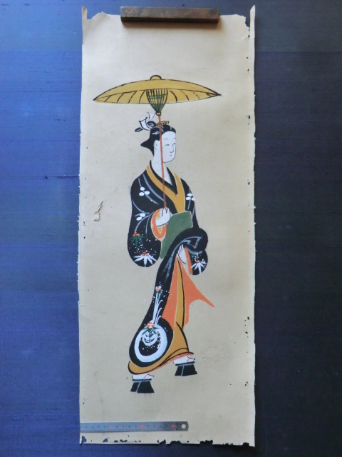 日本画人物○江戸末期 大津絵 芸者さん? 22213 東海道お土産 大津絵