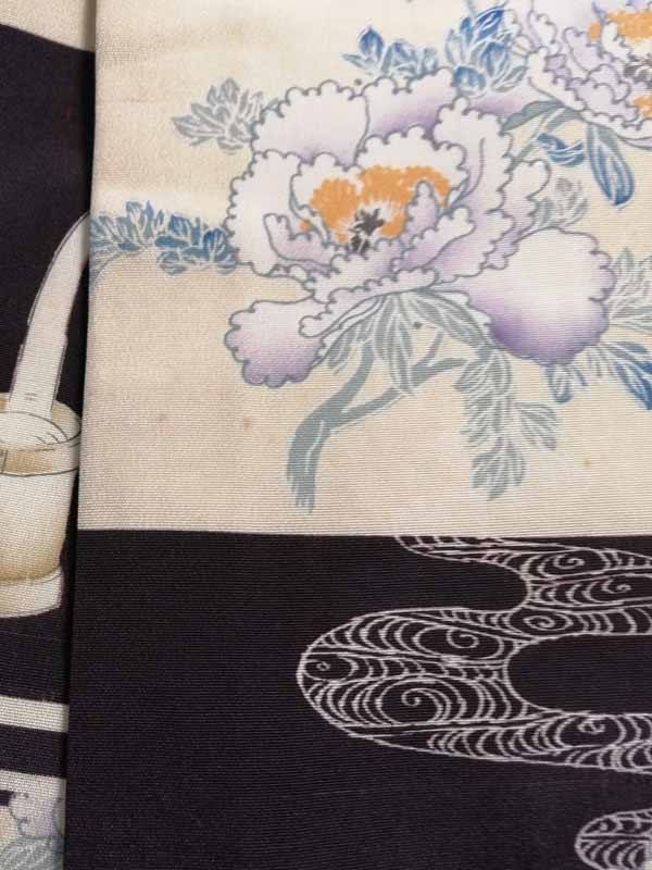 ☆きものさらさ アンティーク着物帯☆丸帯 染め 刺繍入り 牡丹 大正 