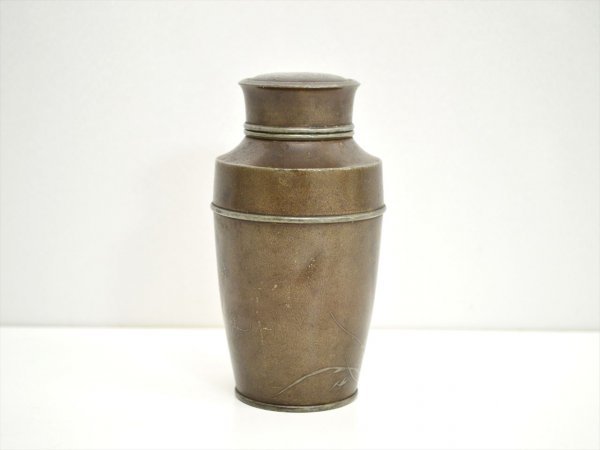 T 上錫　錫半　茶入　茶壺　茶入壺　四君子文　金属工芸　441ｇ 錫製 茶心壷 古錫？金属製 茶筒 萬寿堂造 萬壽