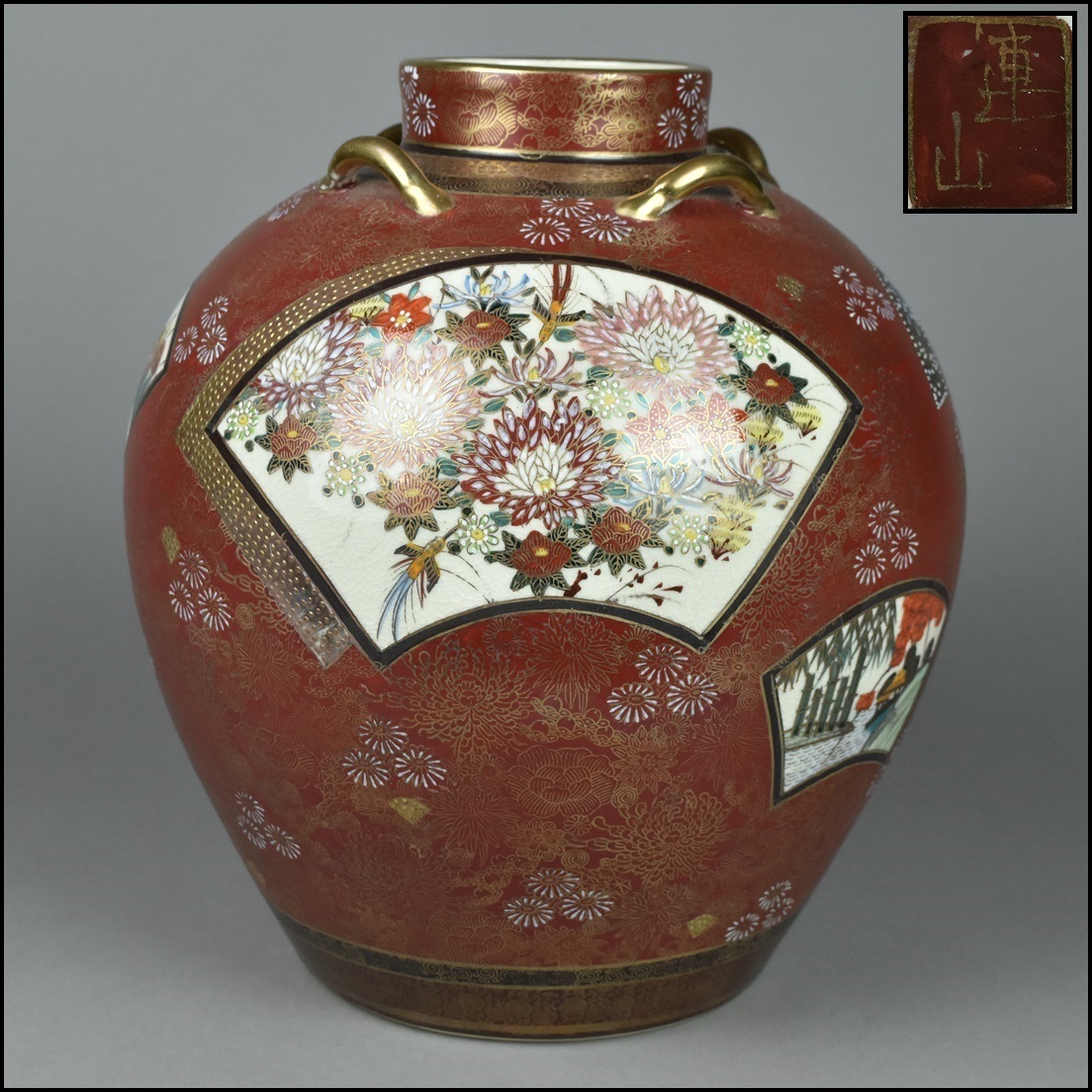 色絵金彩 古 九谷連山 金襴手花詰扇面楼閣山水図 大花瓶61㎝ 飾壺