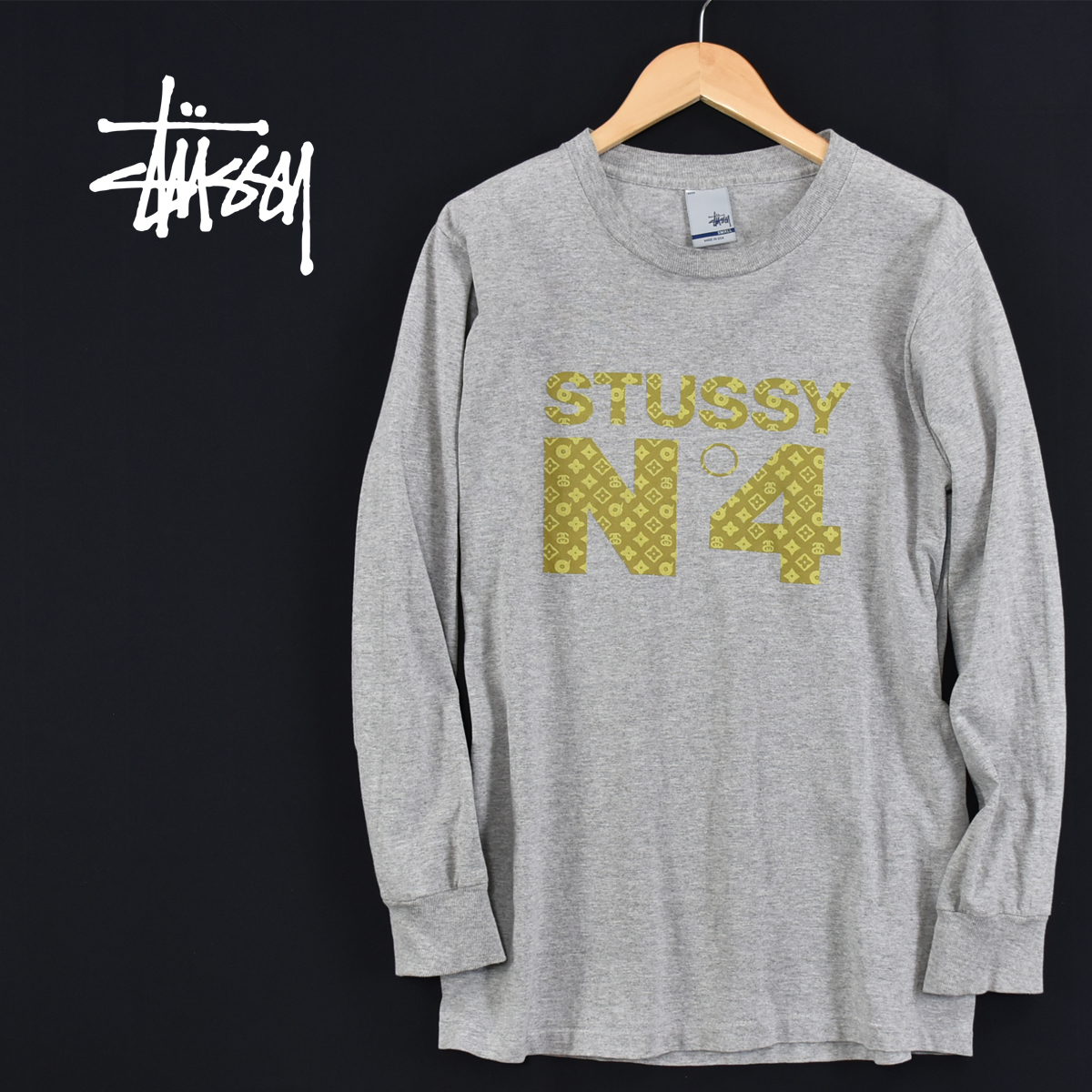 送料300円│STUSSY 90's オールド ステューシー ★ USA製 銀タグ モノグラム ロゴ プリント 長袖 Tシャツ グレー メンズ S