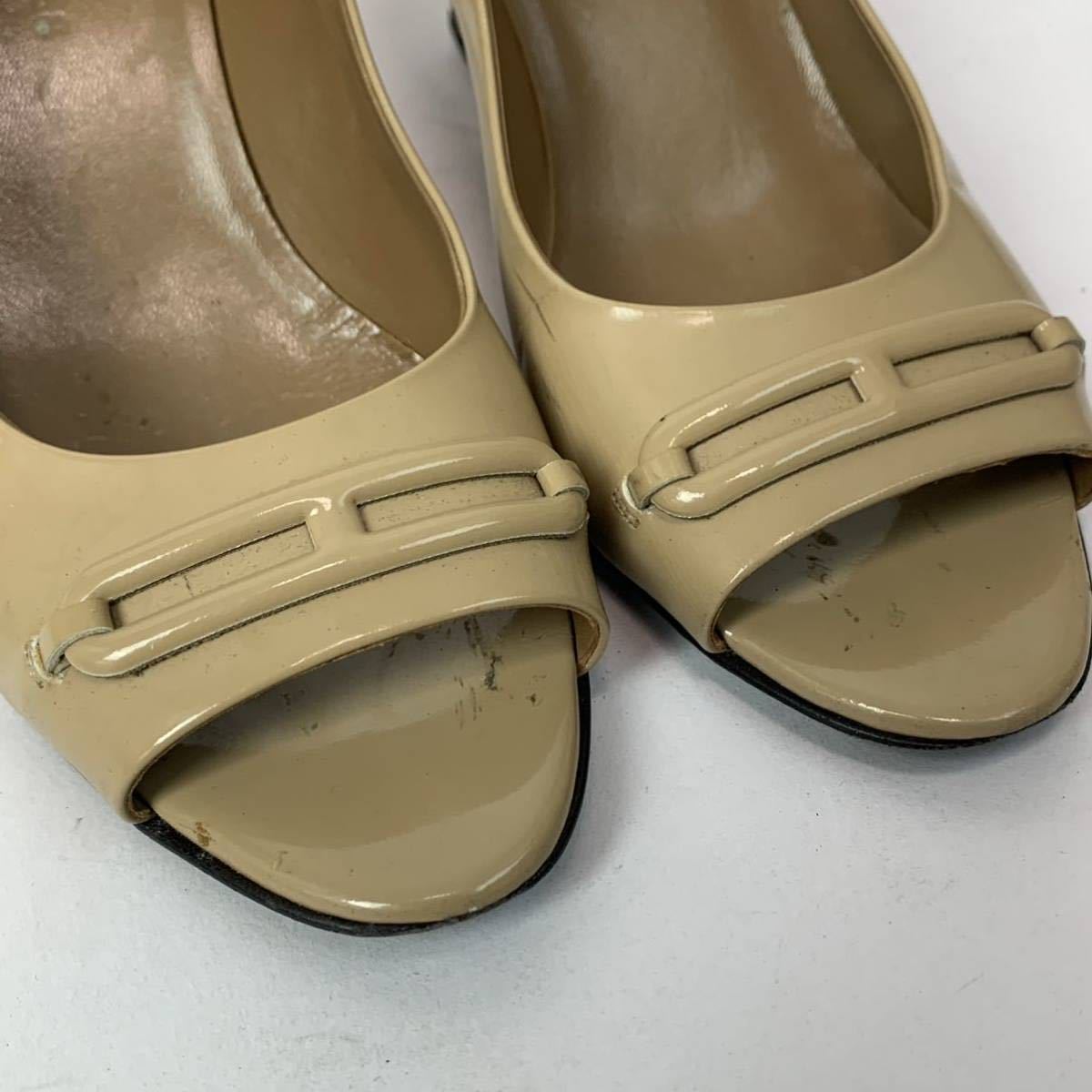 HERMES エルメス オープントゥ ウェッジソール エナメルパンプス 