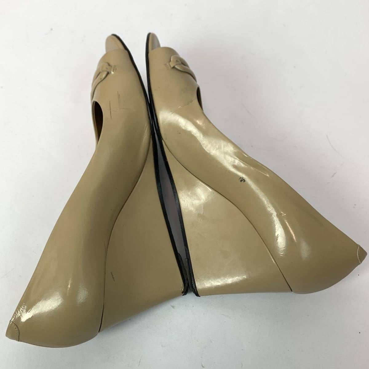 HERMES エルメス オープントゥ ウェッジソール エナメルパンプス 