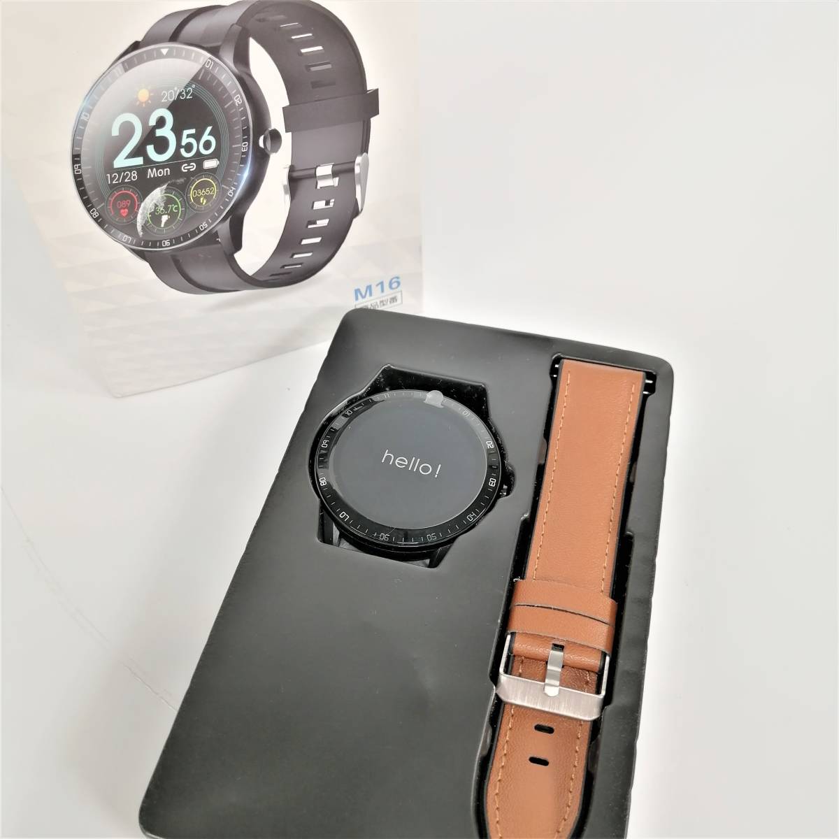 【未使用】 itDEAL スマートウォッチ M16 黒 茶色 専用アプリ対応 GloryFit 防水 ブラック ゴム製 レザー製 