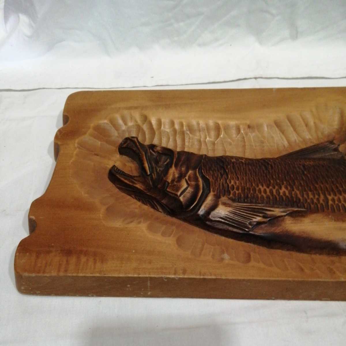 鮭 木製 額 彫刻 飾り 壁掛け 光司 木彫 さけ 魚 (約68×27.8cm)(木工