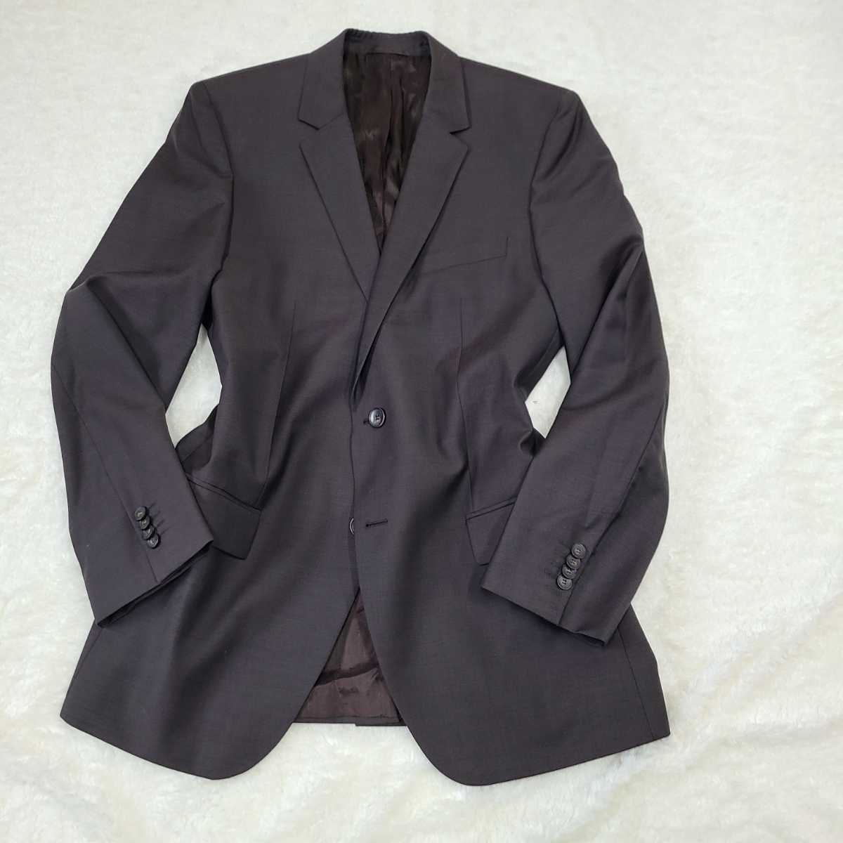 ヒューゴ・ボス　[おしゃれな高級感]　HUGO BOSS テーラード　ジャケット　シルク混　黒茶　裏地ロゴ　赤パイピング　ブラウン　50 XL ヒューゴボス BOSS HUGO ビジネス 高級感 ファッションプレス