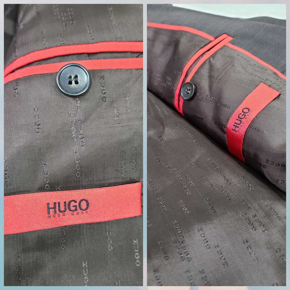 ヒューゴ・ボス　[おしゃれな高級感]　HUGO BOSS テーラード　ジャケット　シルク混　黒茶　裏地ロゴ　赤パイピング　ブラウン　50 XL ヒューゴボス BOSS HUGO ビジネス 高級感 ファッションプレス