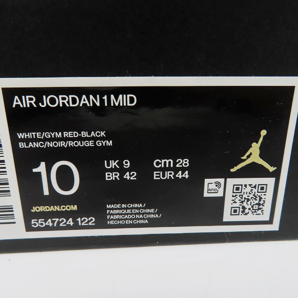 【未使用】NIKE/ナイキ AIR JORDAN 1 MID エアジョーダン1 ホワイト/ジムレッド/ブラック 554724-122/28.0 /080 0 MID JORDAN J Sky MID-ホワイト）