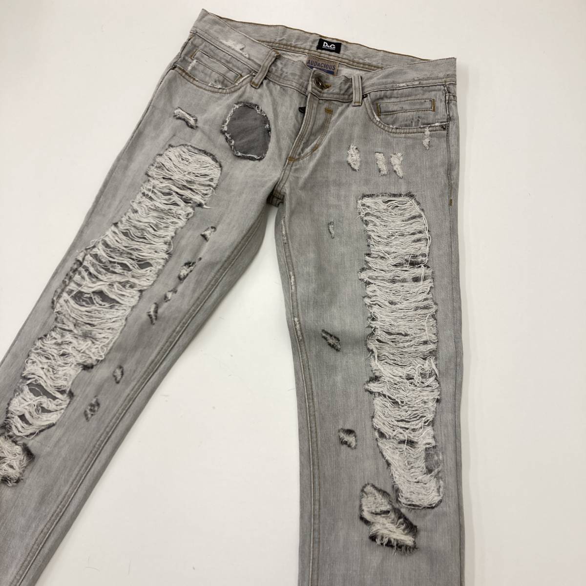 D&G クラッシュ ダメージ加工 ベリータイト デニムパンツ グレー 