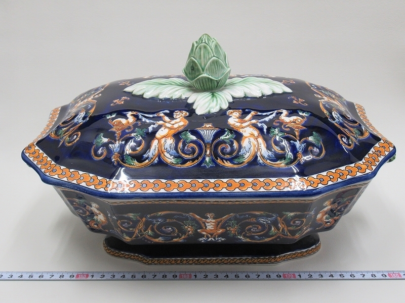 希少　ジアン　GIEN 飾り皿　ハンドペイント フランス　ルネサンス　1900年 D1795 ジアン GIEN ルネッサンス フォンブルー スープチューリン