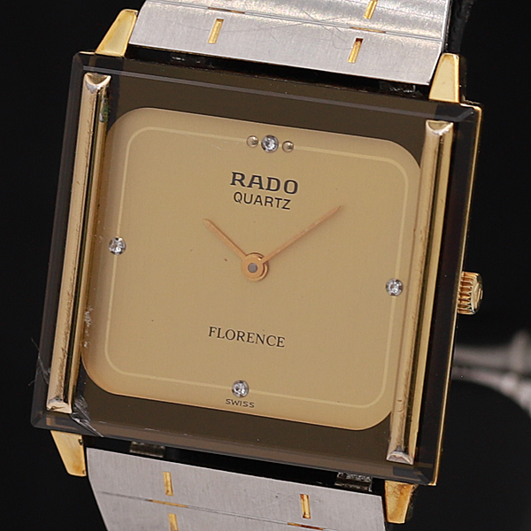 1円★稼働品【RADO/ラドー】フローレンス 4P石入り スクエアタイプ ゴールド系文字盤 コンビカラー QZ メンズ腕時計 A0200397