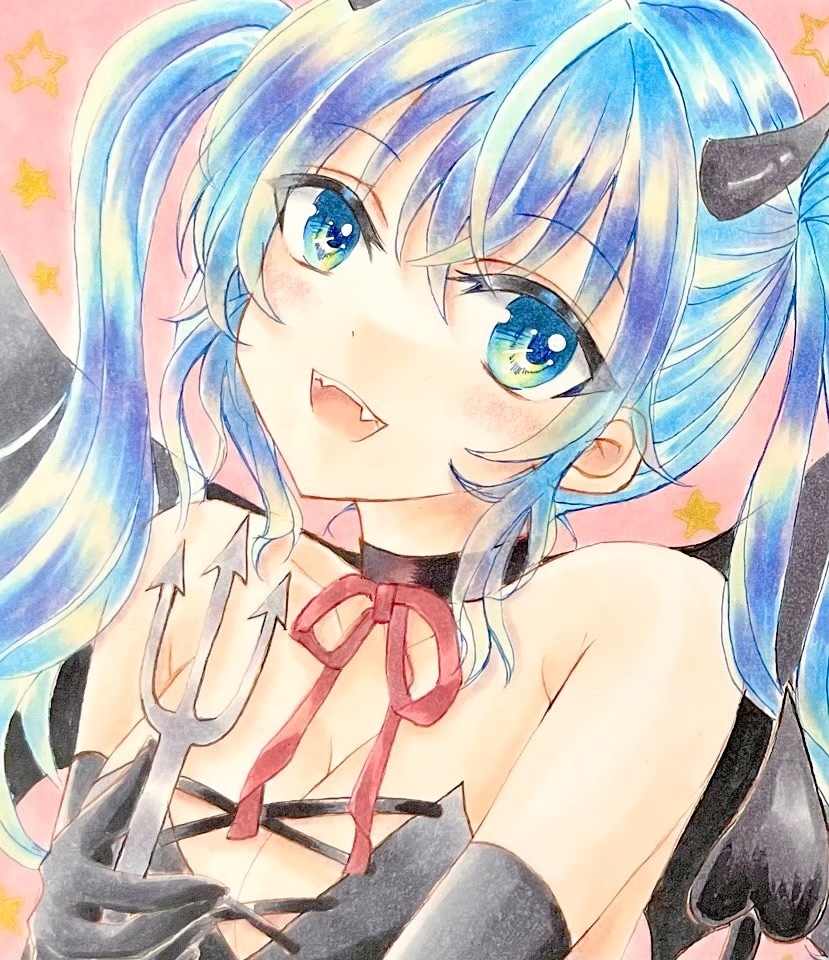 手描きイラスト＊オリジナル＊悪魔ちゃん＊ミニ色紙＊原画＊送料無料