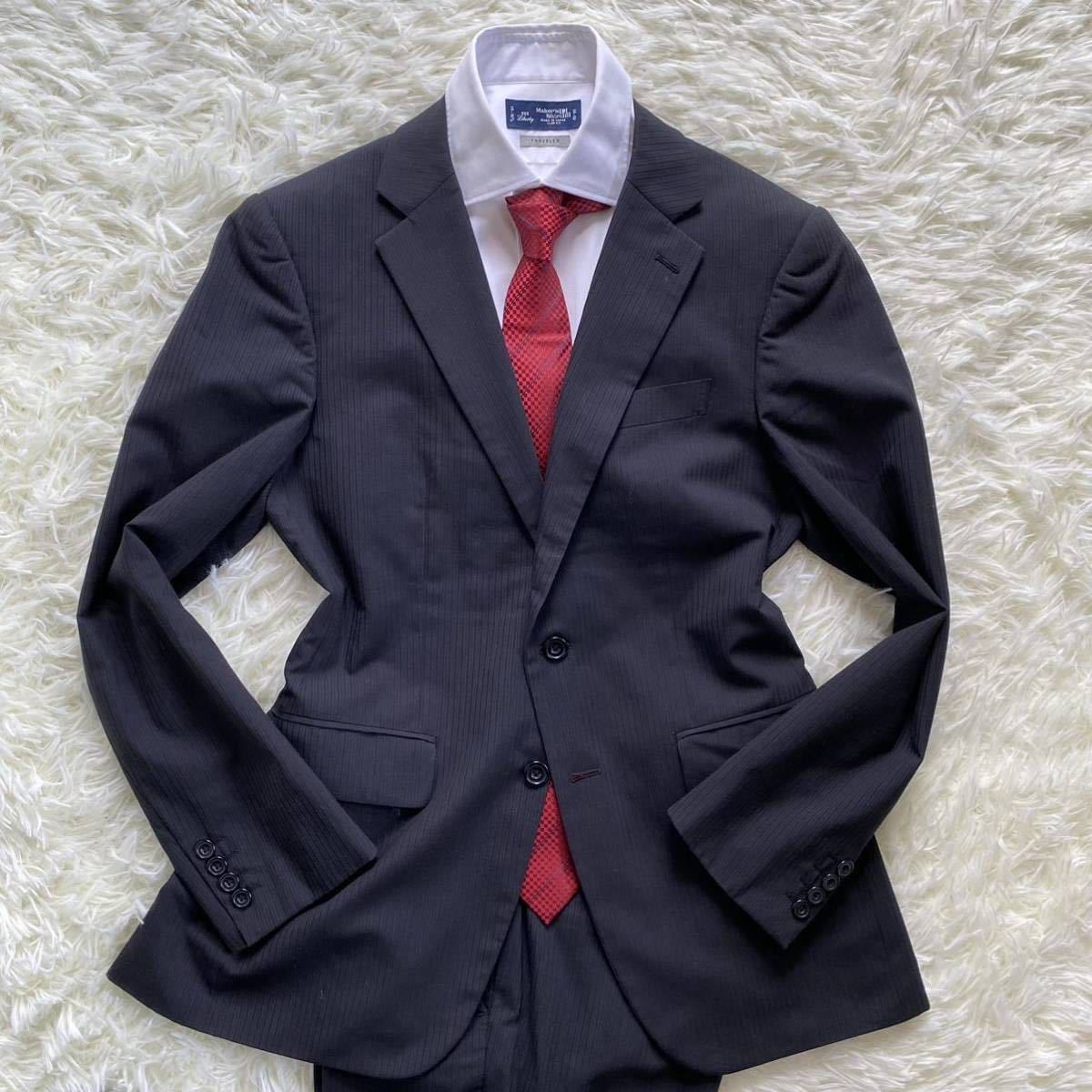 タケオキクチ【美品】TAKEO KIKUCHI スーツ 3 L位 ブラック セットアップ ストライプ シルク混 ビジネス 通勤 仕事 メンズ 冠婚葬祭