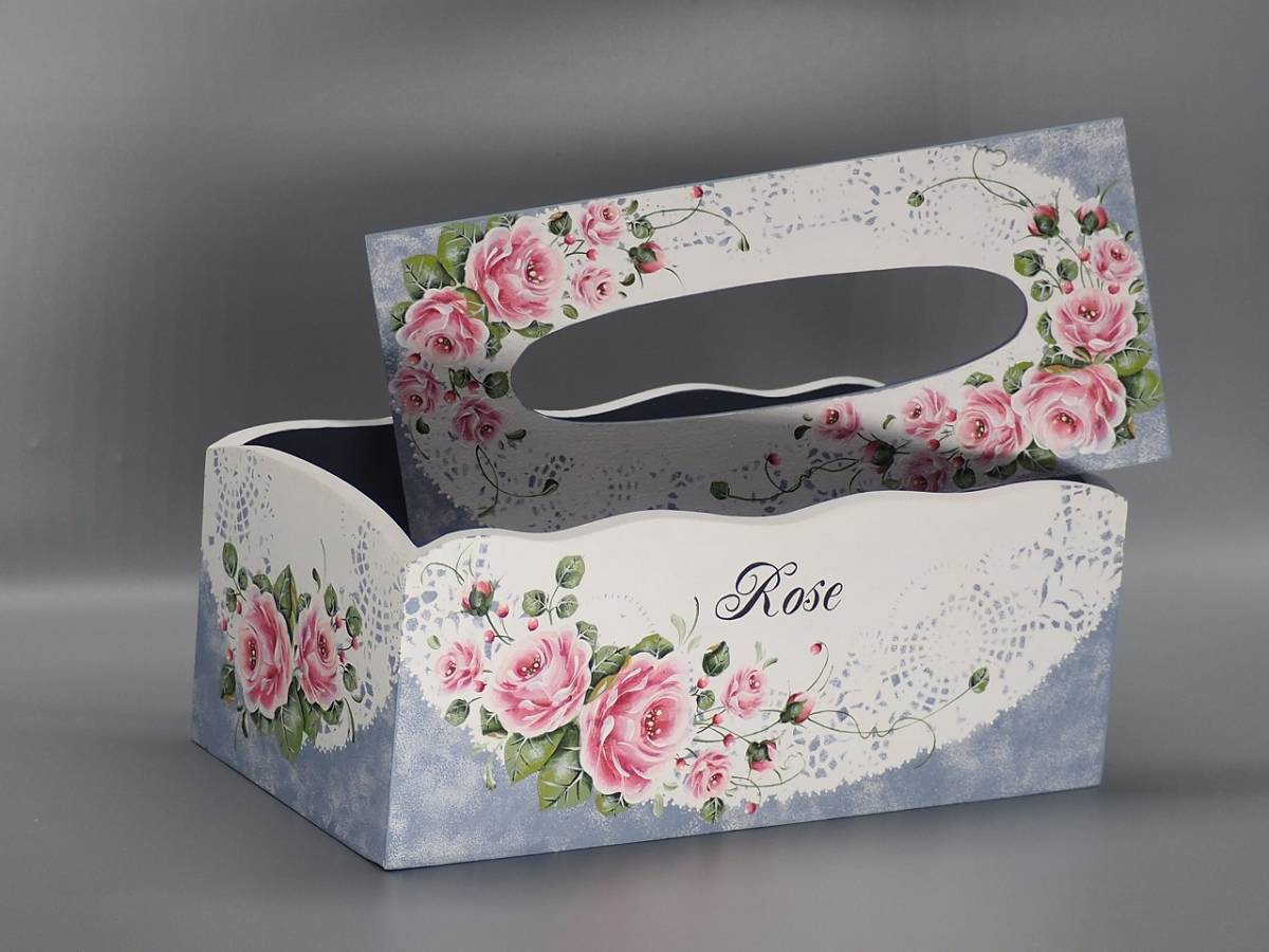 トールペイント　作品　薔薇柄ティッシュボックス ☆トールペイント 薔薇いっぱいのテッシュボックス☆ - ティッシュ