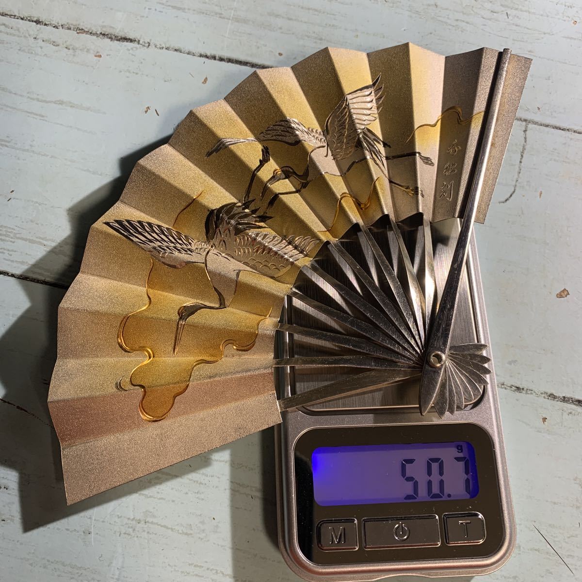 純銀製 扇 光則作 置物 50.7g 在銘 扇 扇子 縁起物 銀細工 金属工芸