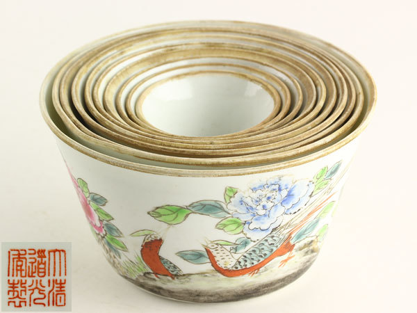 中国美術 大清道光年製 花鳥図 入子碗 10客 公式通販 粉彩花鳥碗 粉彩