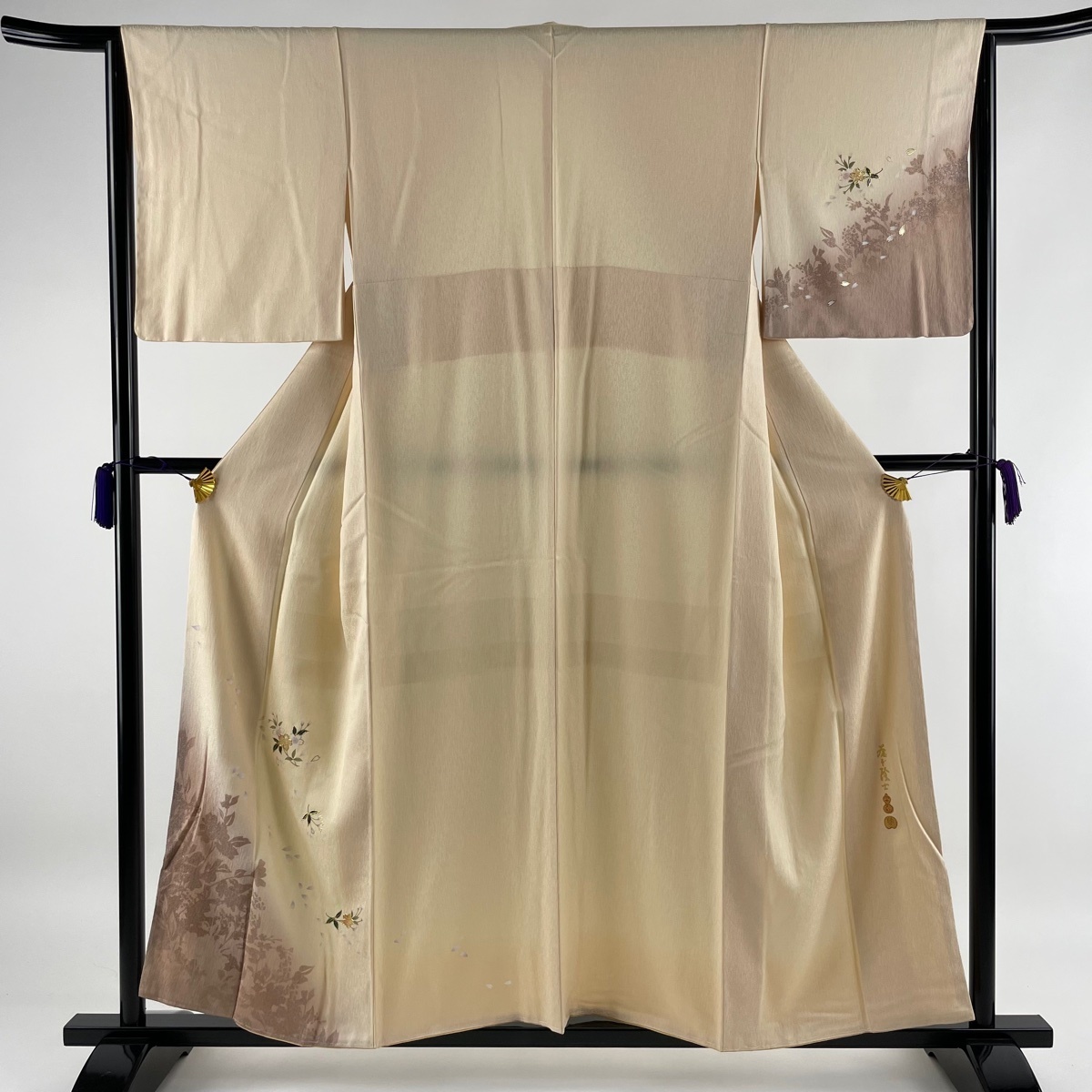 美品 振袖 身丈162cm 裄丈67cm M 袷 草花 金彩 朱色 正絹 名品 中古
