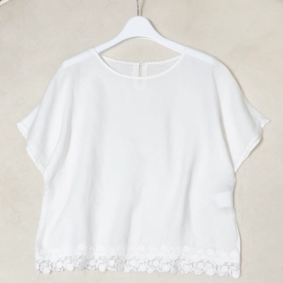 美品 サリースコット sally scott リネン100% 裾レース 洗える プルオーバーブラウス 9R レディース トップス Mサイズ ファッション