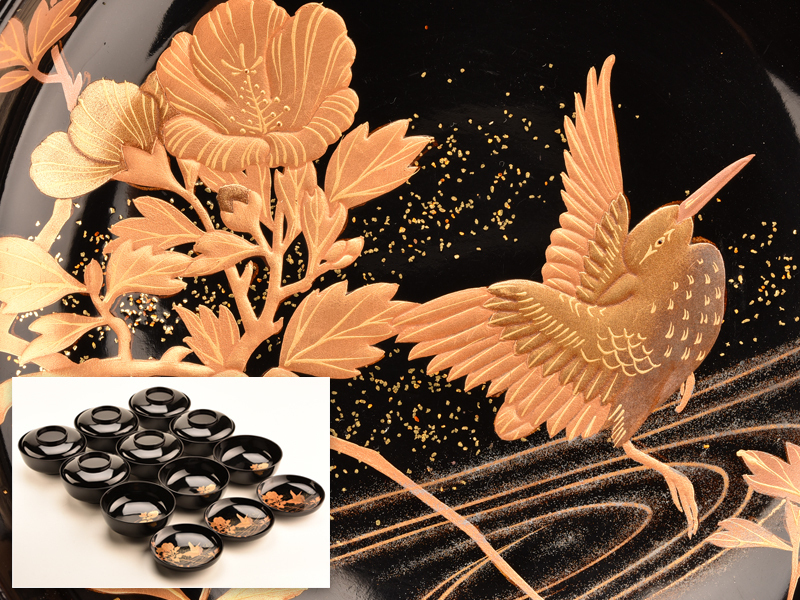 格安，本物保証 【琴》送料無料 茶懐石道具 黒塗花鳥蒔絵煮物椀