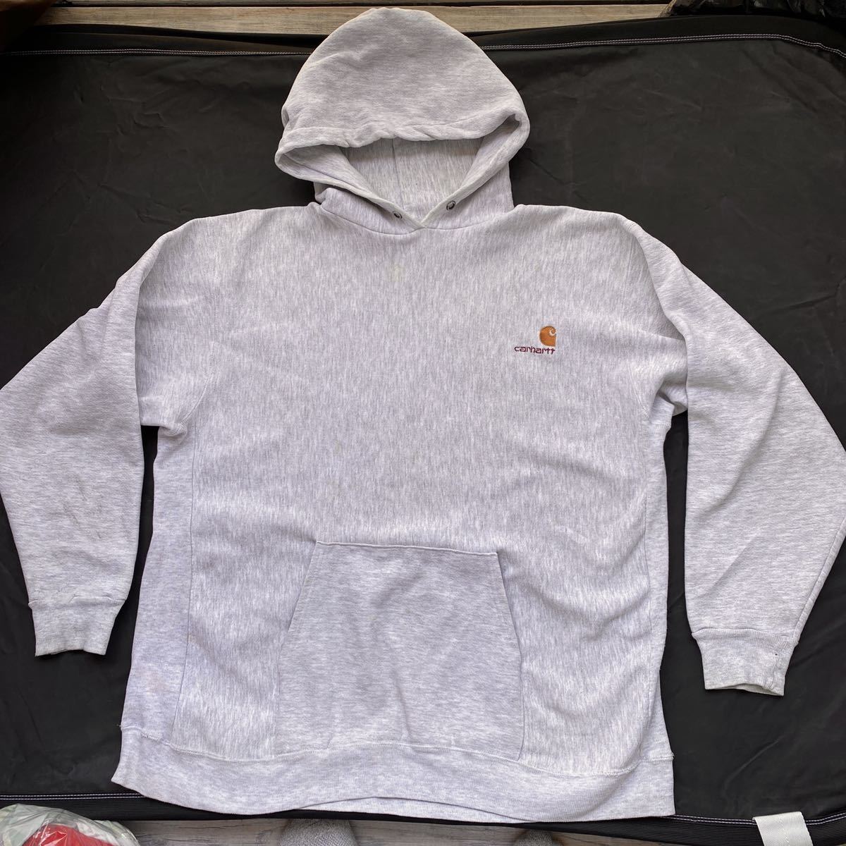 80s Carhartt パーカー USA製 墨黒 三角タグ 刺繍ロゴ リバース 