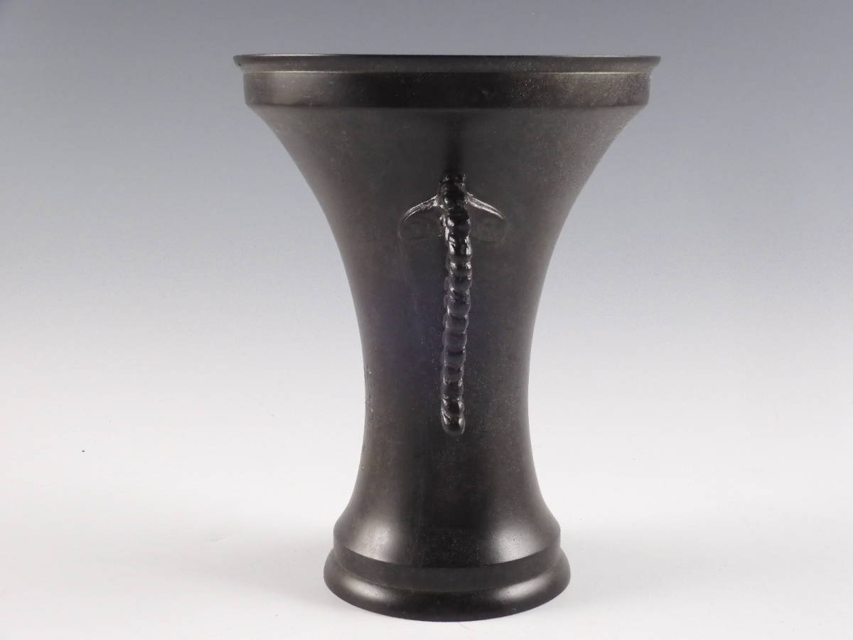 ◇栄◇鋳銅 青銅 池坊 紫雲 中国 立花 花入 24cm 無傷完品 94oy2371
