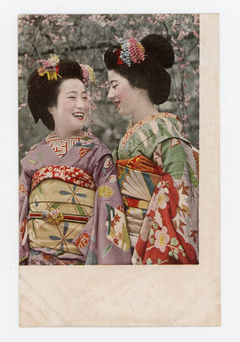 戦前絵葉書】桜の下に映える二人の舞妓さん／祇園舞妓／美人芸妓、美人