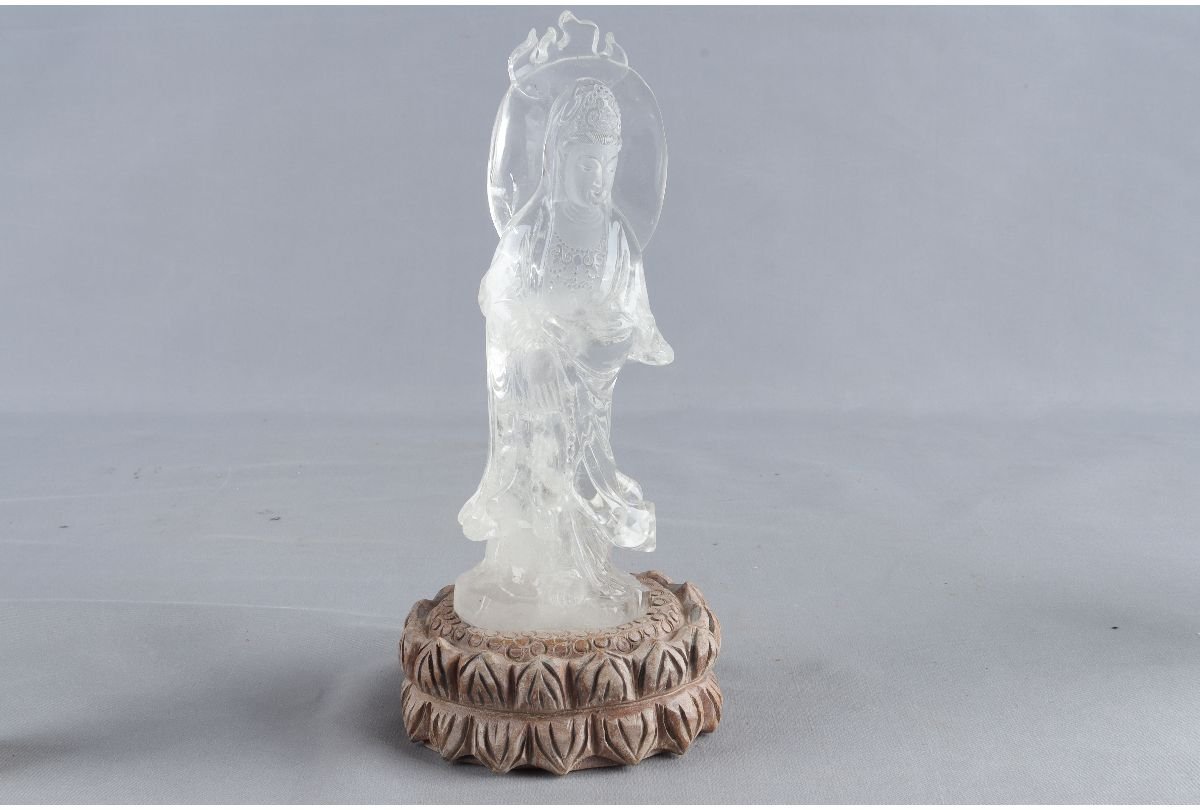 URA]仏教美術⁄本水晶観音菩薩像⁄449g・18cm⁄9-5-117(