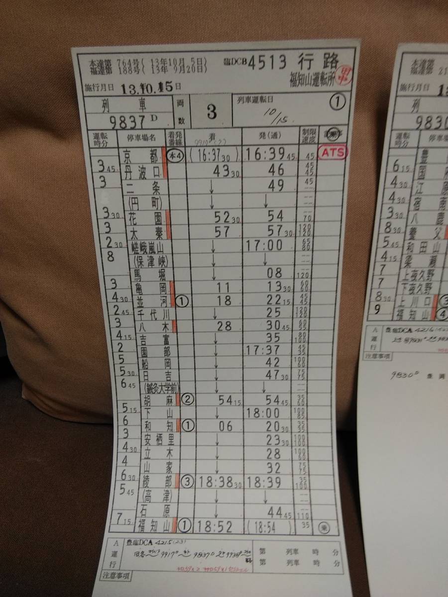 運転士時刻表 スタフ 福知山運転所 臨4513行路 平成13年10月15日施行