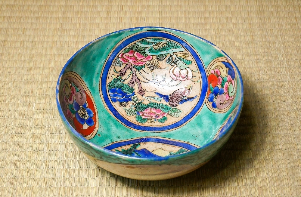 幸 金沢茶人の蔵】九谷村 山代窯 青手 古九谷 五輪 花鳥 山水絵 鉢