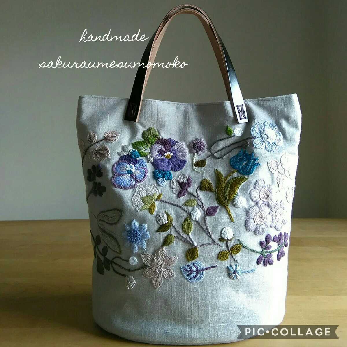 ハンドメイド 手刺繍 本革 国産ヌメ革＊handmade＋花手刺繍＋