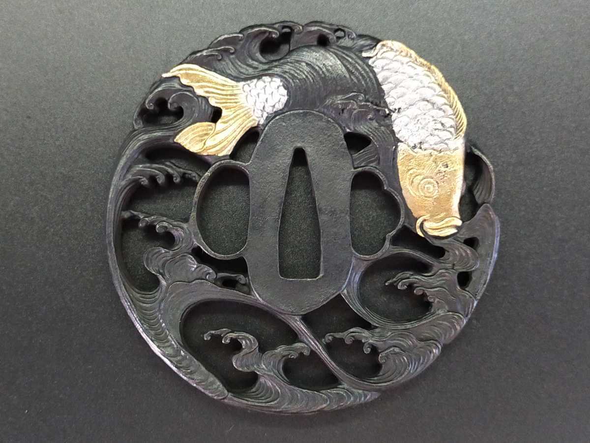 Q6382 刀鍔 鯉図 銅地 絵金銀 日本刀装具 鍔 つば 鐔 刀鐔 刀の鍔