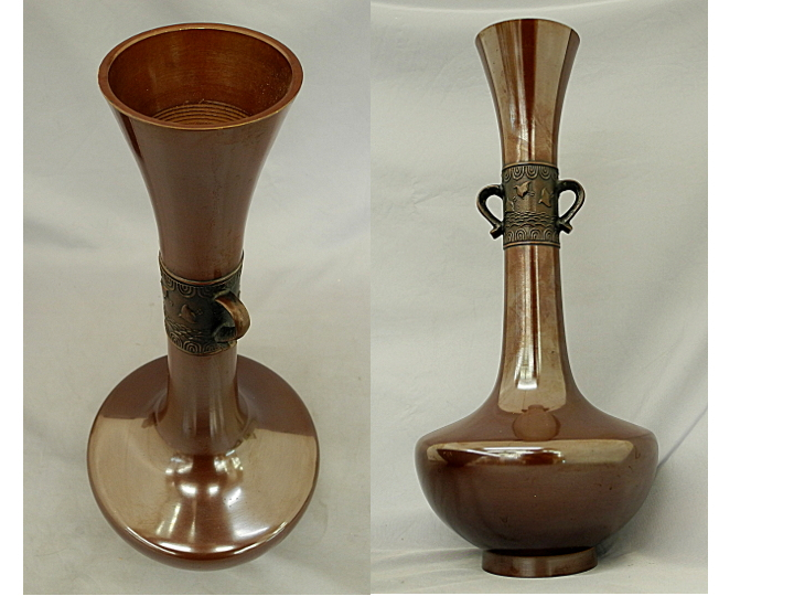 青銅 花器 松盛 38,5cm 千鳥 波千鳥文耳付銅器 下蕪型 高岡銅器 銅製