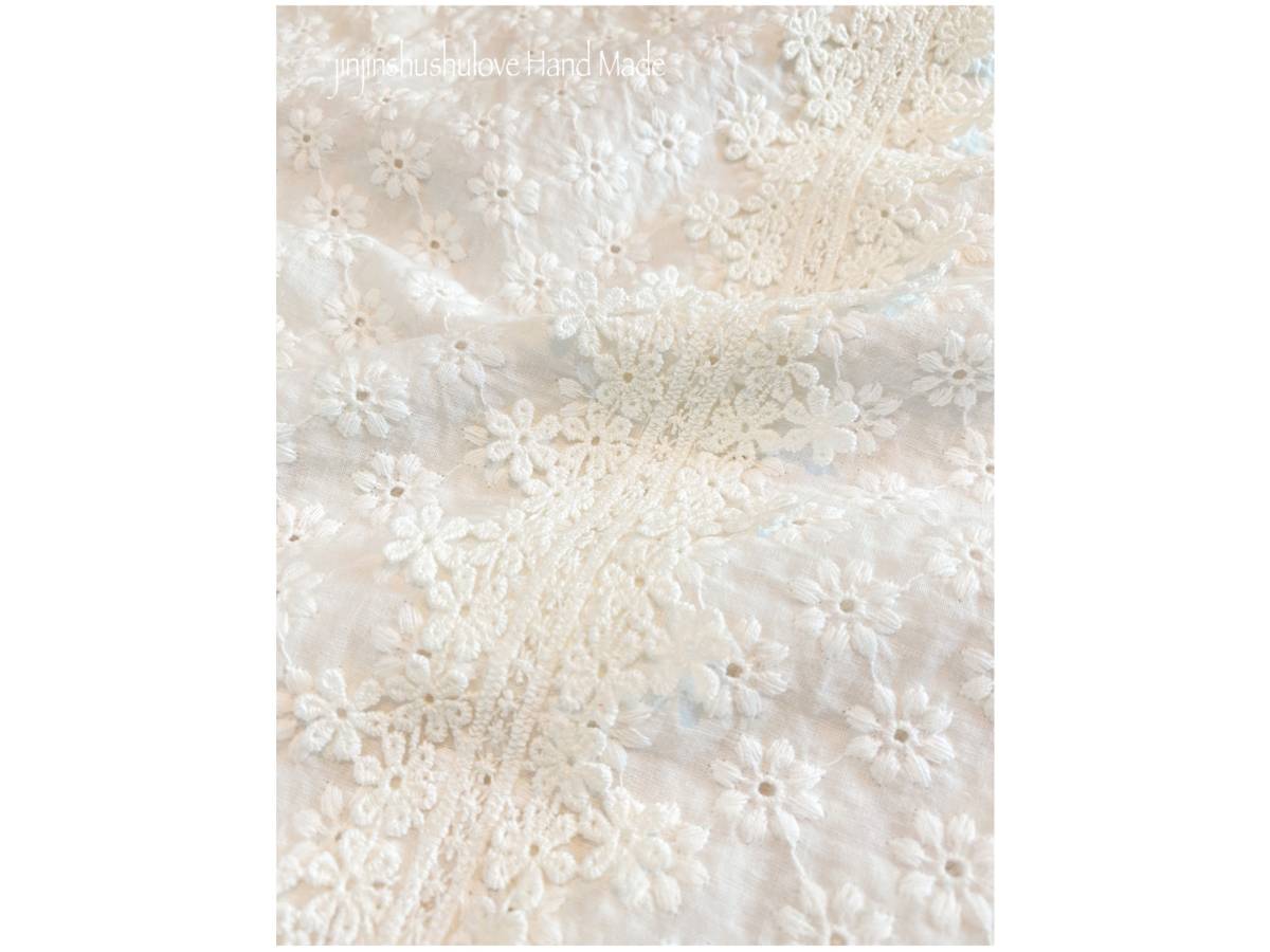 ハンドメイド◎オフホワイト＊Cotton*カットワークFLOWER刺繍レース*OP 