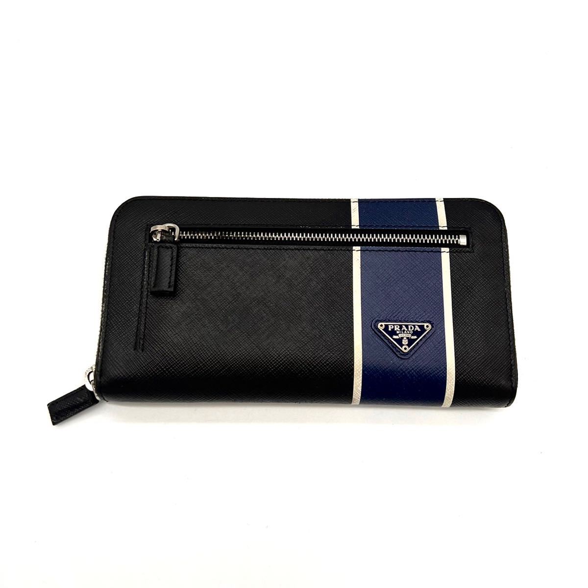 1円 【未使用級】 PRADA プラダ メンズ 長財布 ストライプ ブラック 