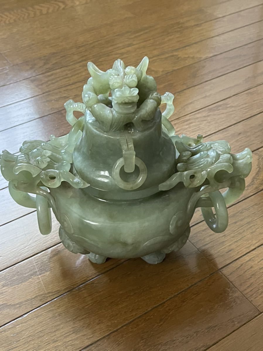 中国古玩 玉石彫刻 三つ足香炉 唐物