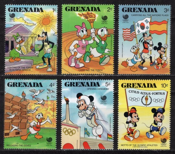 外国切手 グレナダ 1988年 ディズニー ソウルオリンピック 6種 未使用