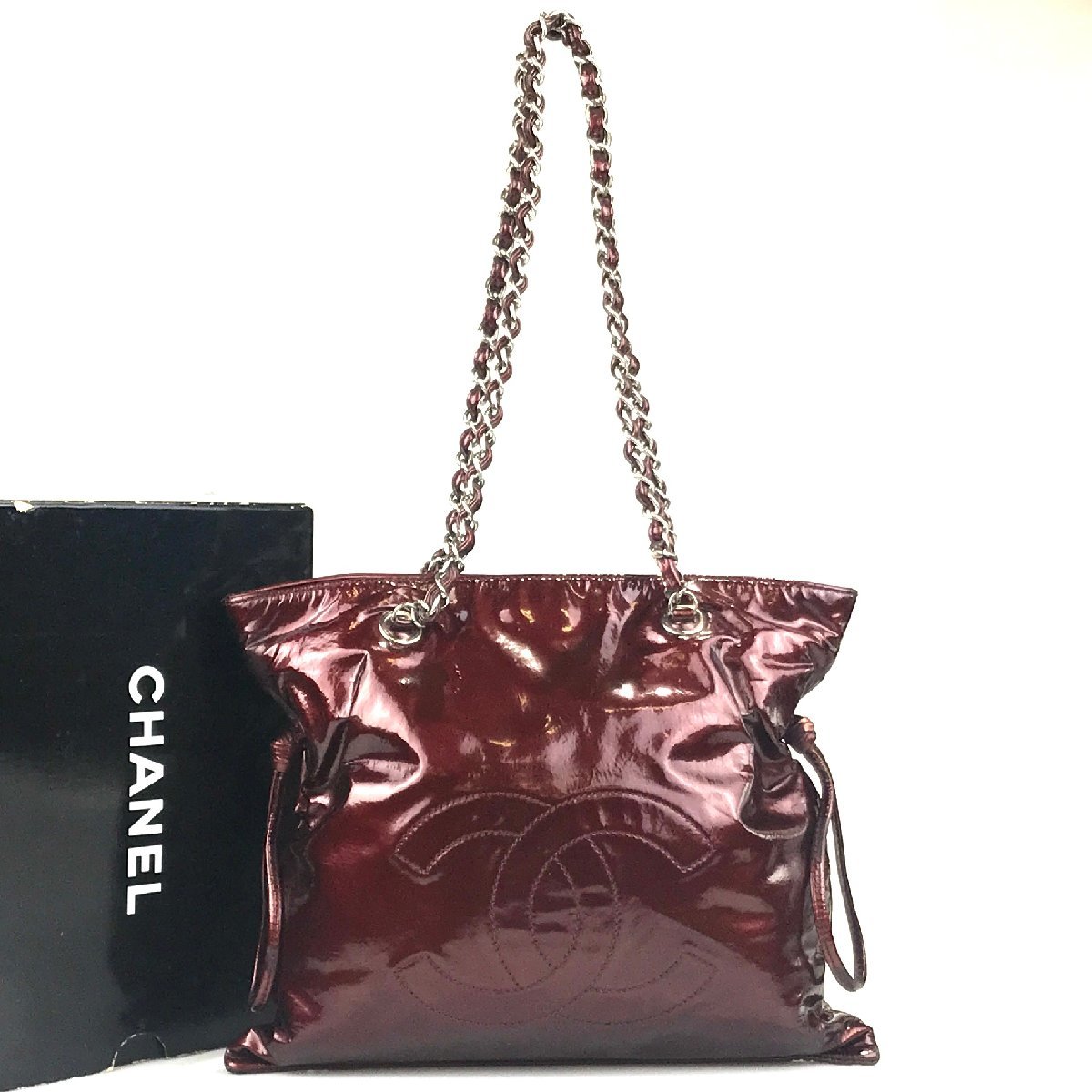 【1円〜】シャネル CHANEL バッグ ショルダーバッグ 巾着バッグ ココマーク デカココ 12番台 ワインレッド レザー エナメル 中古