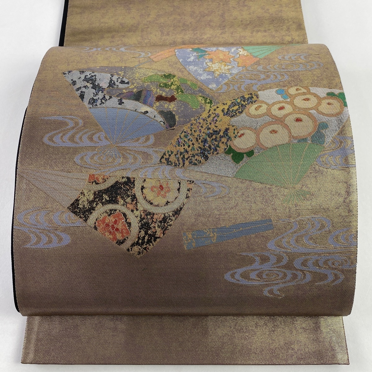袋帯 秀品 お太鼓柄 箔 金糸 扇面 金色 正絹｜中古・古着 風景 正絹 美
