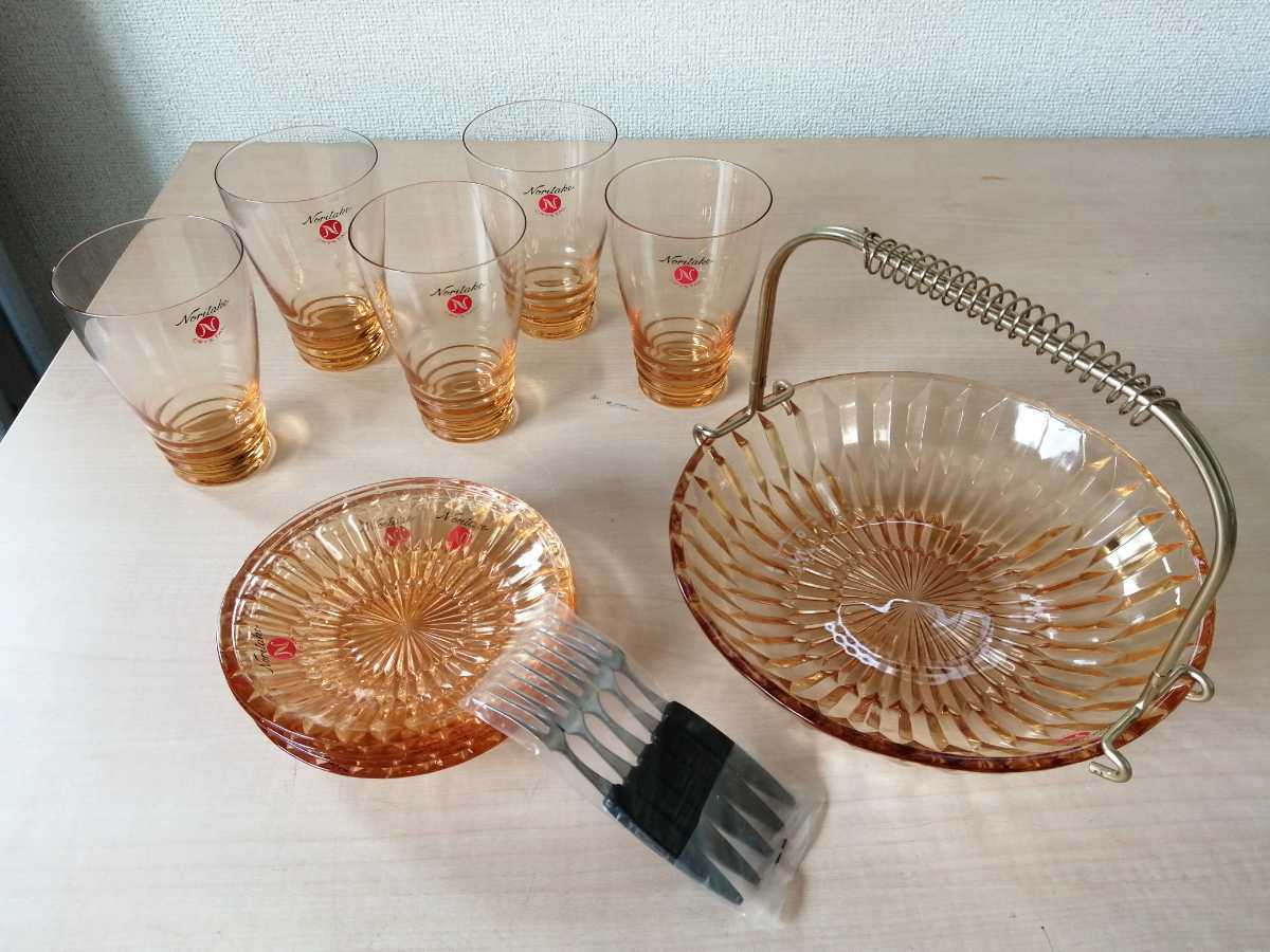 ☆未使用 ☆Noritake ノリタケクリスタル アンバーガラス 昭和レトロ 