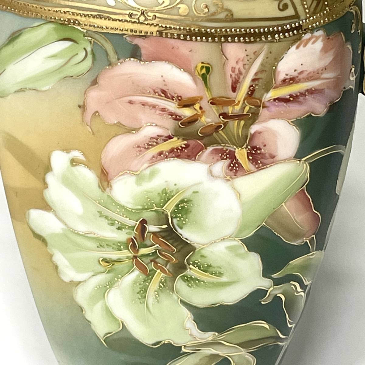 オールドノリタケ 花瓶 金彩 百合絵図柄 アールデコ 盛上 M-NIPPON印