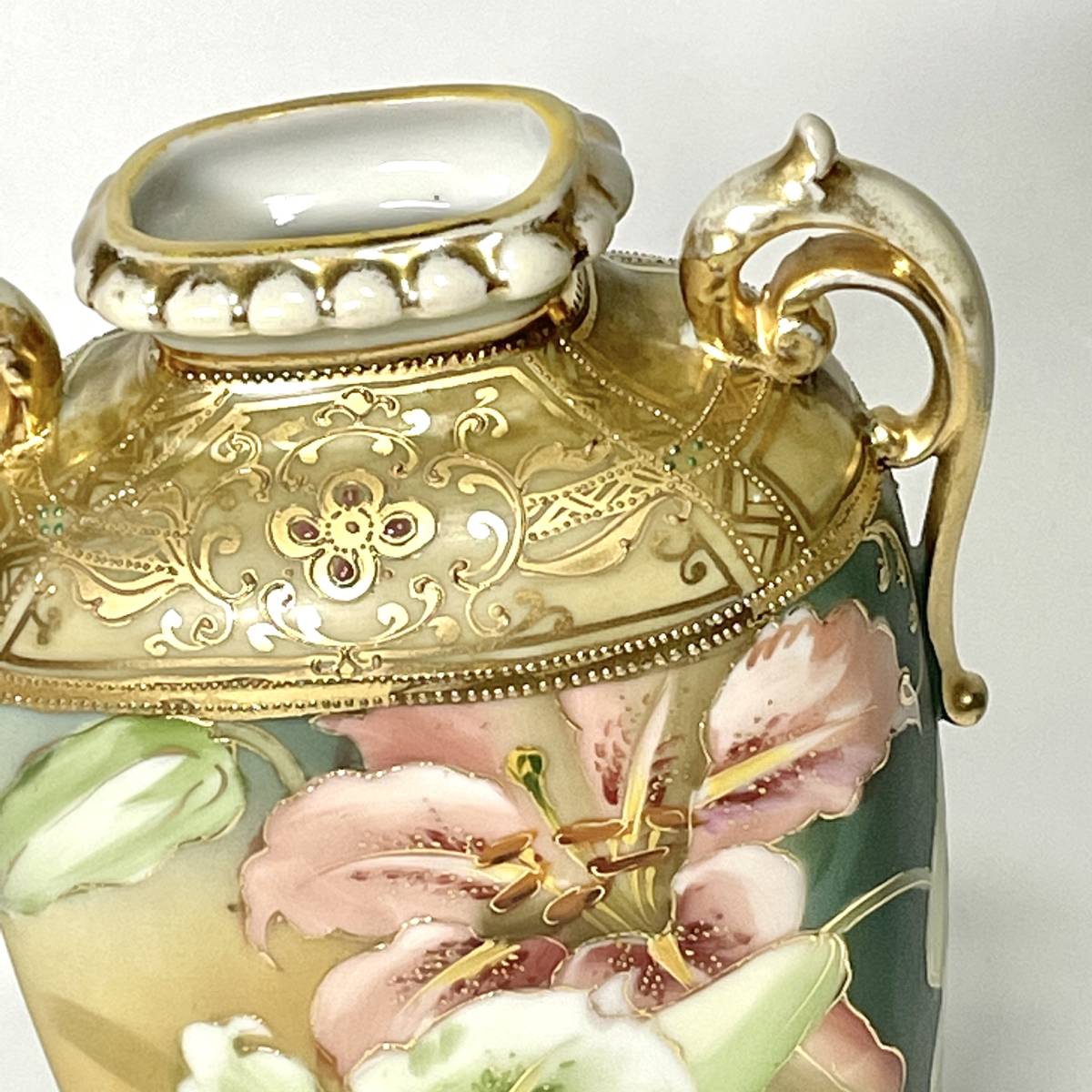 オールドノリタケ 花瓶 金彩 百合絵図柄 アールデコ 盛上 M-NIPPON印