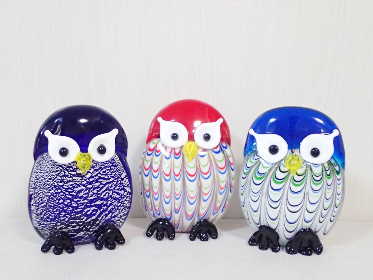 【FLA】 3点 まとめ ガラス細工 フクロウ 縁起物 H17cm / 梟 ベネチア ガラス オブジェ マーブル 工芸 置物 飾物