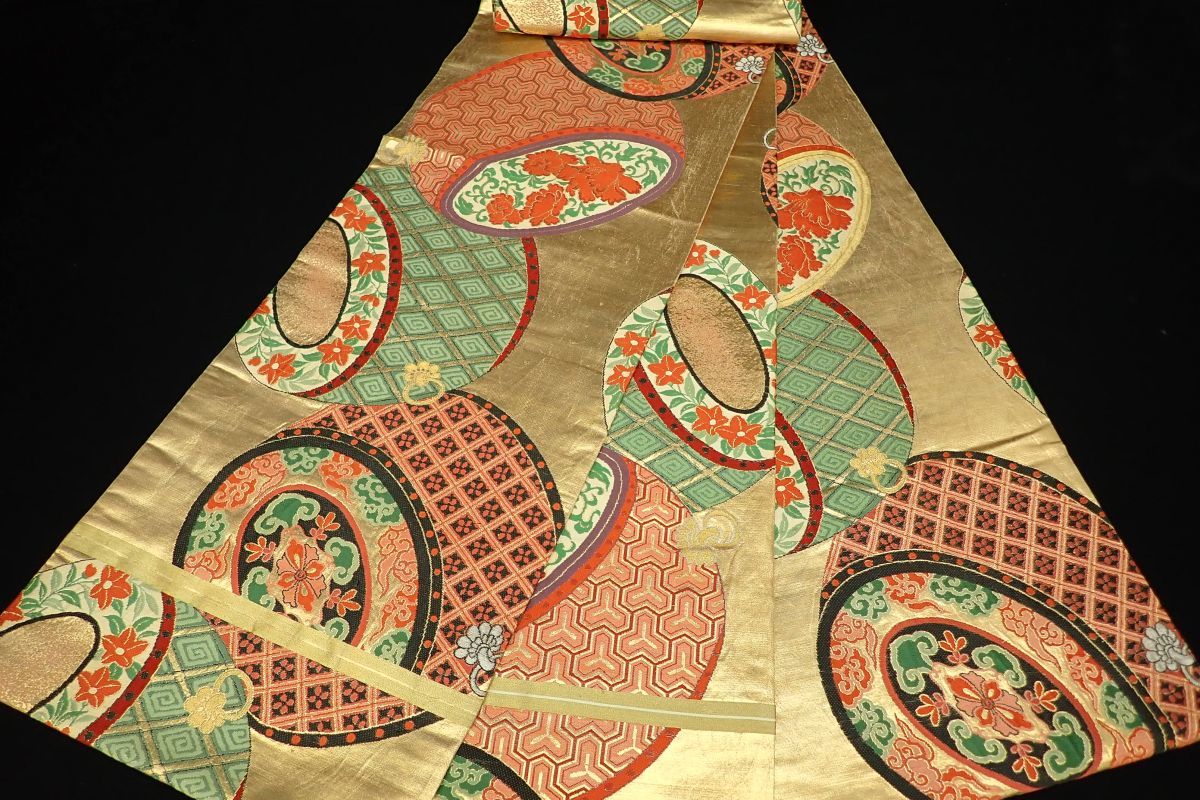 ○帯36 アンティーク 丸帯 大正ロマン 太鼓 唐織 金糸箔 正絹○和装品 