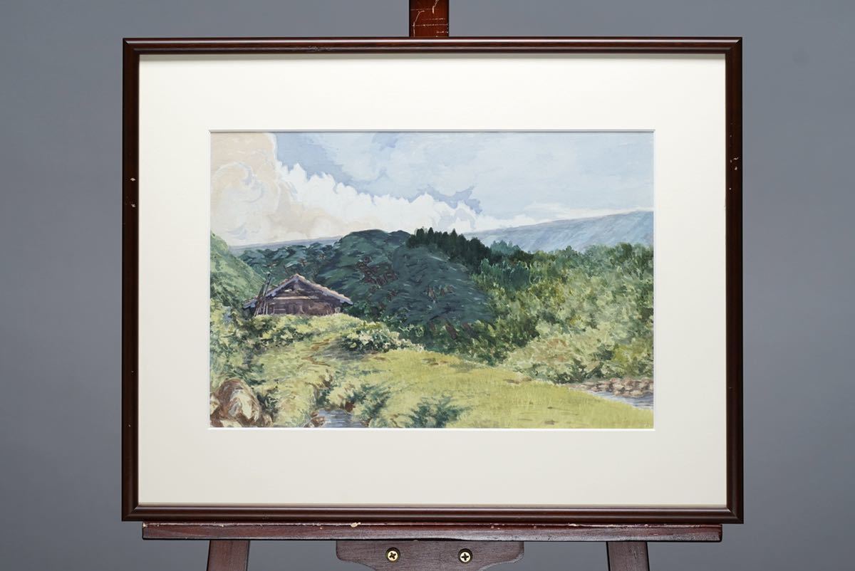 作家不明【小屋のある風景】水彩画 画寸(38cmx25cm) 状態良好 作家不明
