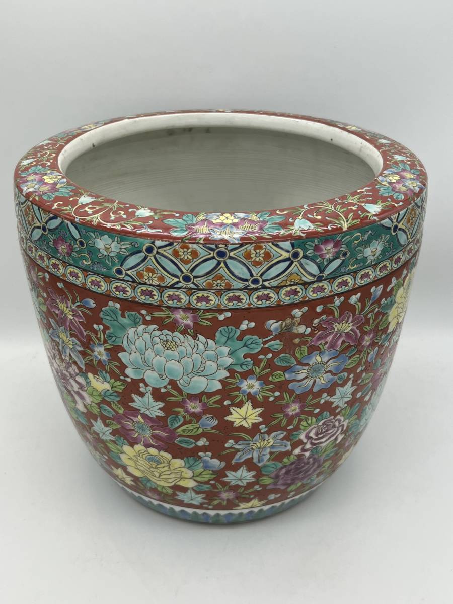中国古玩 粉彩柄 花図 陶器 火鉢 鉢カバー 観葉植物 直径約27.5