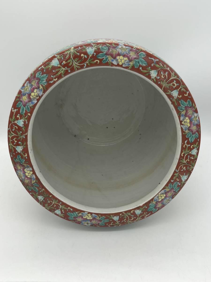 中国古玩 粉彩柄 花図 陶器 火鉢 鉢カバー 観葉植物 直径約27.5