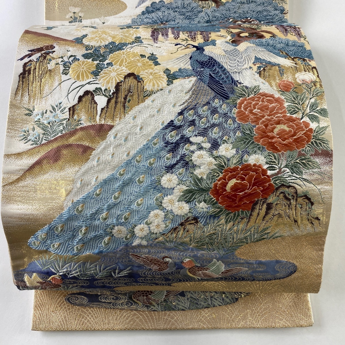美品袋帯 秀品 新正倉院錦 本草木染帯 孔雀 花唐草 箔 金糸 茶 袋帯 秀 