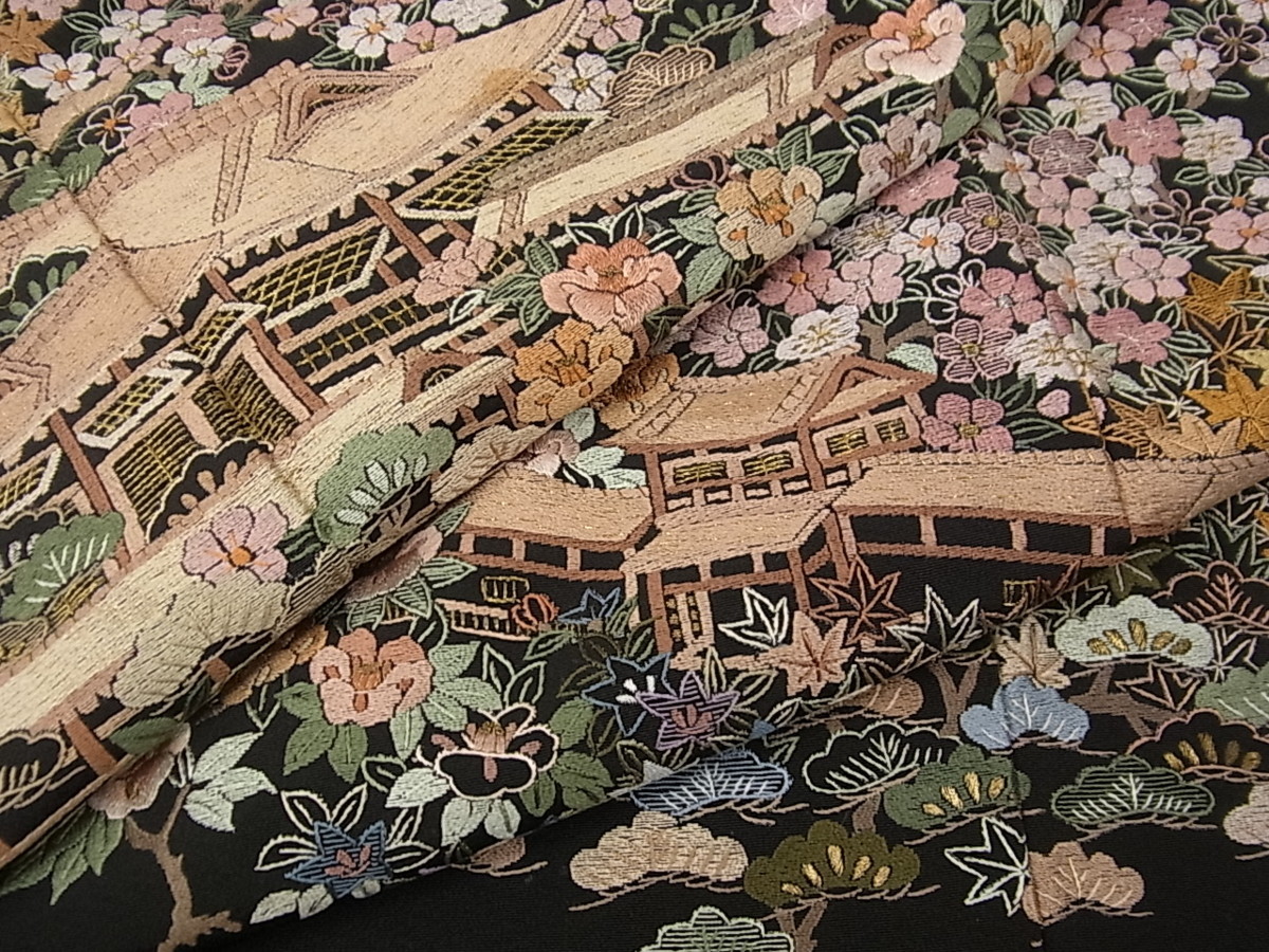 平和屋着物□豪華黒留袖 駒刺繍 雲取り風景花文 金糸 金彩
